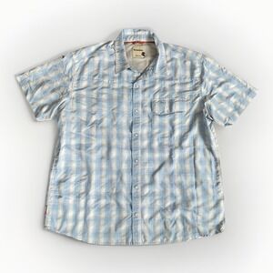Simms Fishing Shirt Mens XL Pearl Snap Blue Plaid Short Sleeve Vented Pockets